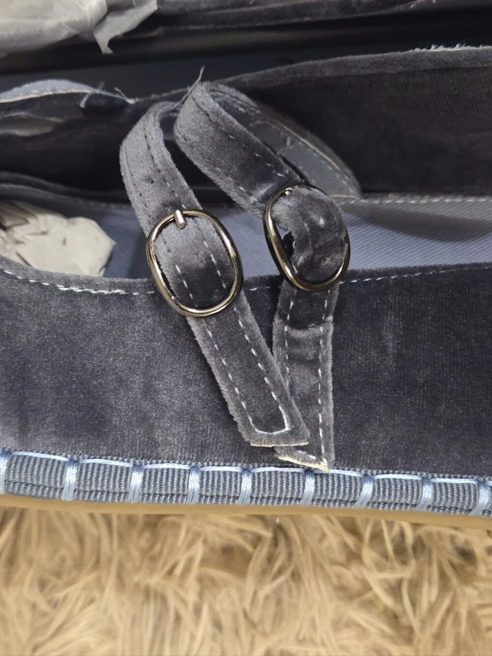Women's Gray Velvet Double-Strap Mary Jane Flats